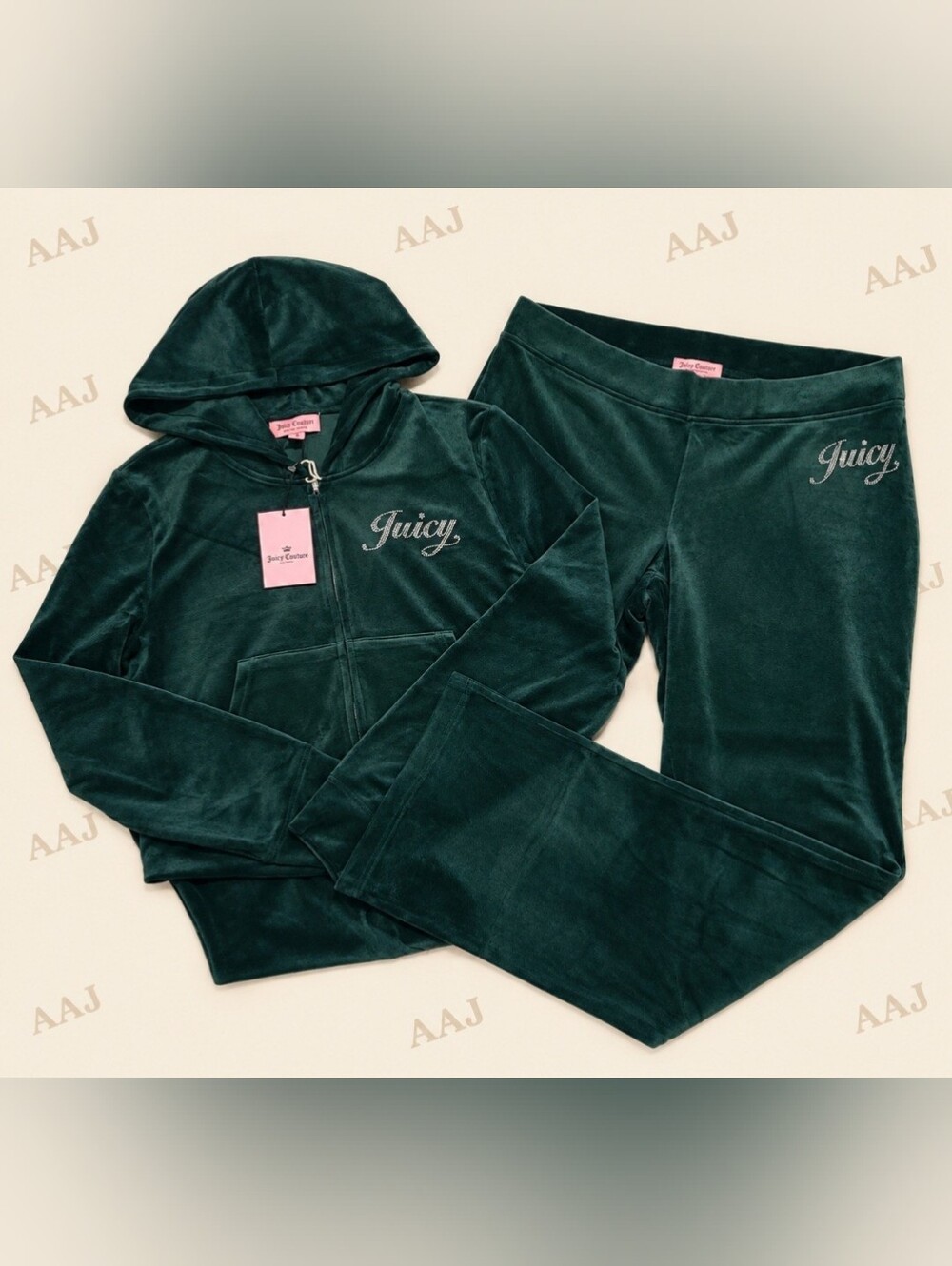 Juicy Couture Pine Green Velour Zip Hoodie & Pants Set - XL